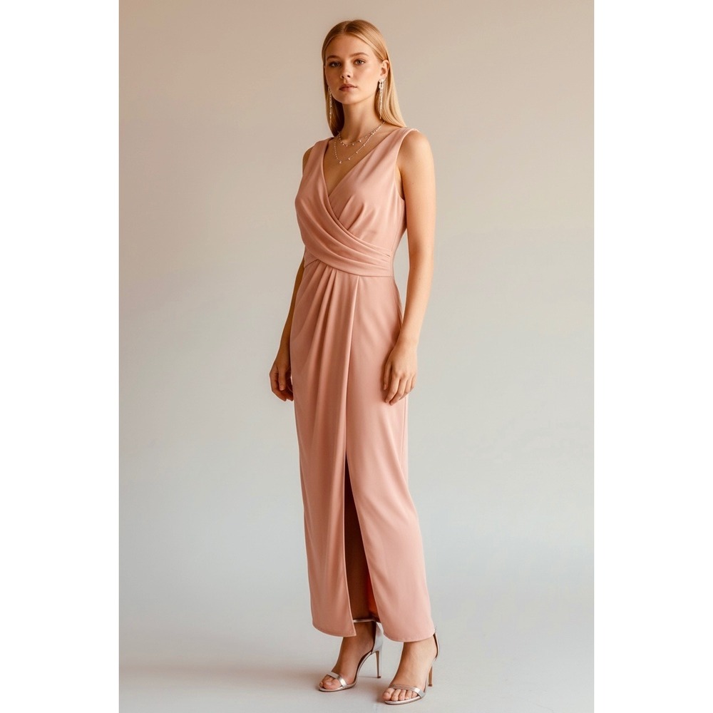 Vintage Sleeveless V-Neck Pleated Wrap Maxi Dress Pink Size Small Formal Gown